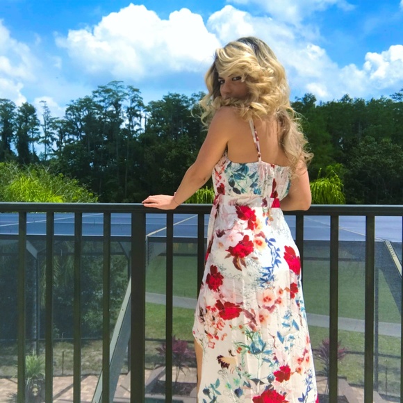 Floral, beige, spaghetti strap, v neck, midi to maxi, day to night, summer dress - Picture 6 of 10